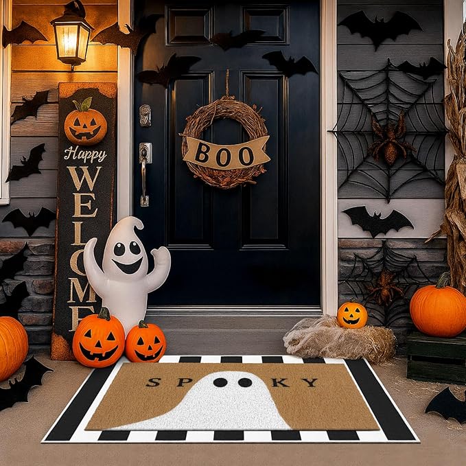 2 Pcs Halloween Doormat Spooky Ghost Outdoor Welcome Mats for Front Door Non Slip Ghost Coir Floor Mat Black White Stripe Halloween Rug for Outside Front Porch Entryway Decor