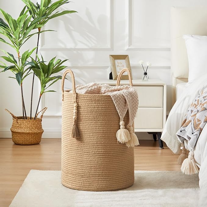 Jute Woven Rope Laundry Hamper, Tall Laundry Basket for Blanket Storage, Large Dirty Clothes Hamper for Toys, Decorative Baby Nursery Hamper for Bedroom, Living Room - Jute Brown, 58L