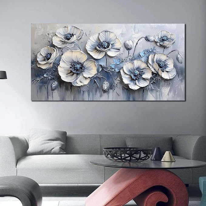 AOZEMI Floral Wall Art Bedroom Floral Picture Art Blue Canvas Wall Decor White Artwork for Living Room Office 29" x 59"