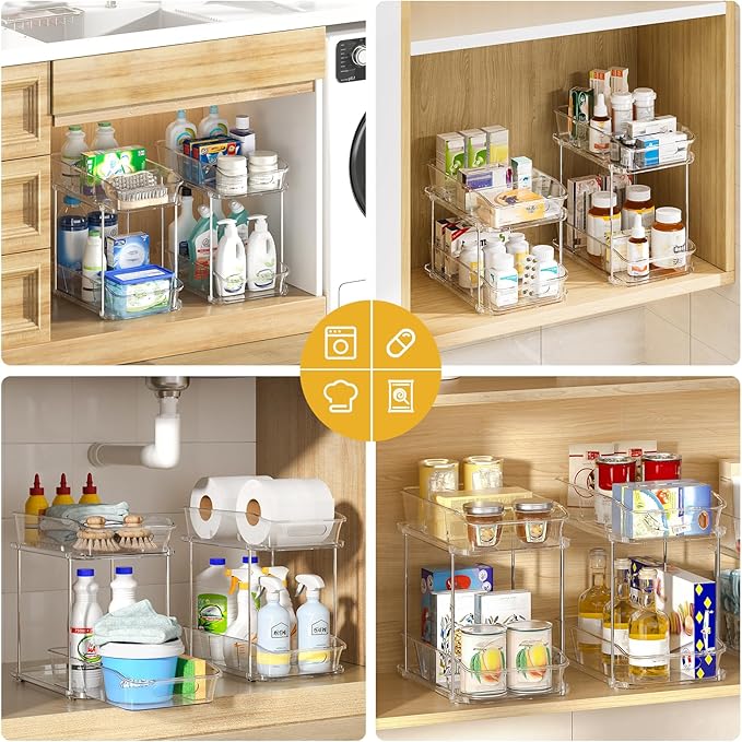 Delamu 3 Pack Bathroom Organizers and Storage, 2 Tier Clear Under Sink Organizer, Pull Out Medicine Cabinet Organizer