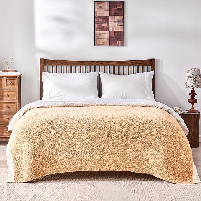 CozeCube Melange Blanket, Ultra Soft Orange and White Throw Blanket, Warm Cozy Knit Fuzzy Plush Reversible Throw for Couch Bed Sofa, 50"x60"