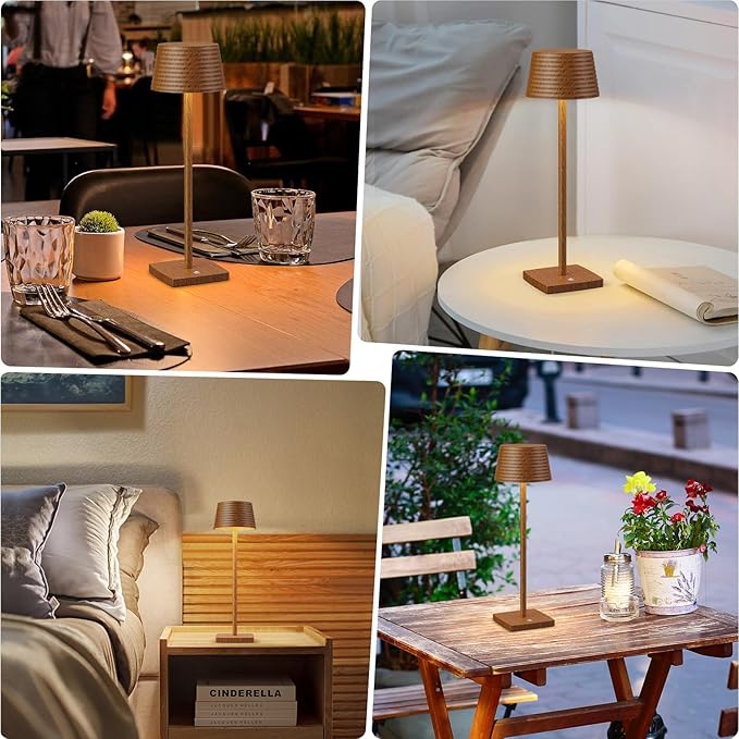 2Pack Cordless Table Lamps Rechargeable,Battery 6000mAh LED Portable Lights for Outdoor/Patio/Restaurant/Indoor Desk Lamp - IP54 Waterproof 3 Colors Stepless Dimming (2pack Wood Grain)