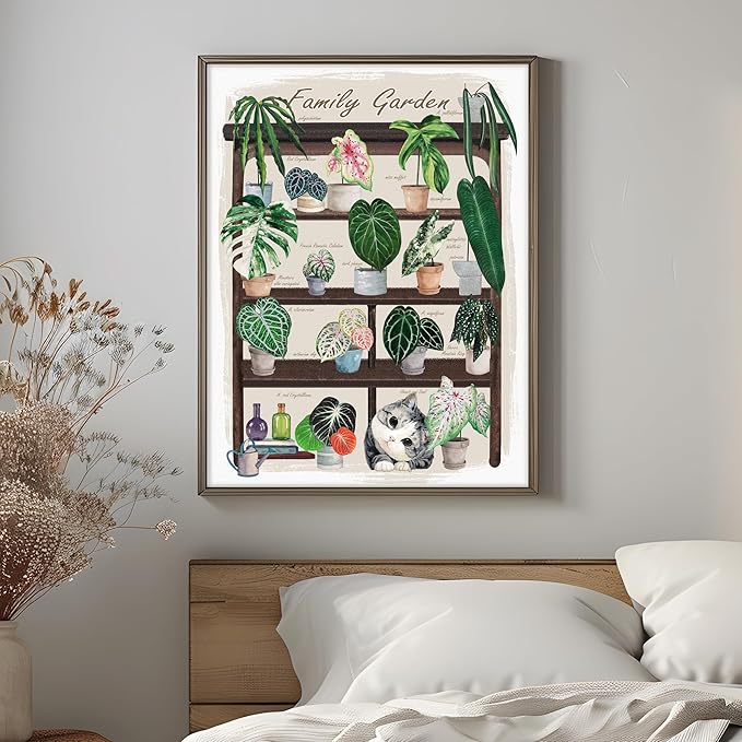 TimAsh Unframed Funny Cat Botanical Wall Art Family Garden Modern Green Plant Decor Tropical Boho Style Cute Kitten Canvas Prints for Bedroom Bathroom Living Room 16'' x 12''