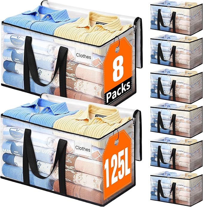 Extra Large Heavy Duty Moving Bags, Storage Bags with Strong Zippers & Handles, Packing Bags for Moving Essentials, Ideal Storage Tote for Home, Dorm & Storage Solutions, 125L 8 Packs Clear