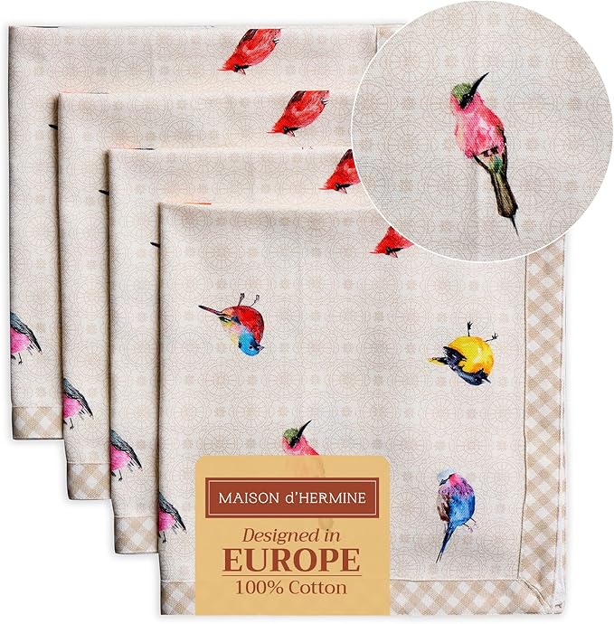 Maison d' Hermine Cloth Napkins Set of 4 100% Cotton Everyday Reusable Square Napkins Cloth Washable, Dinner, Party, Wedding, Restaurant, Spring/Summer (Birdies On Wire, 20" x 20")