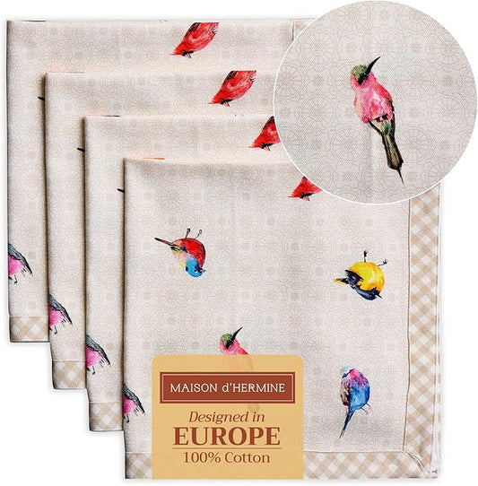 Maison d' Hermine Cloth Napkins Set of 4 100% Cotton Everyday Reusable Square Napkins Cloth Washable, Dinner, Party, Wedding, Restaurant, Spring/Summer (Birdies On Wire, 20" x 20")