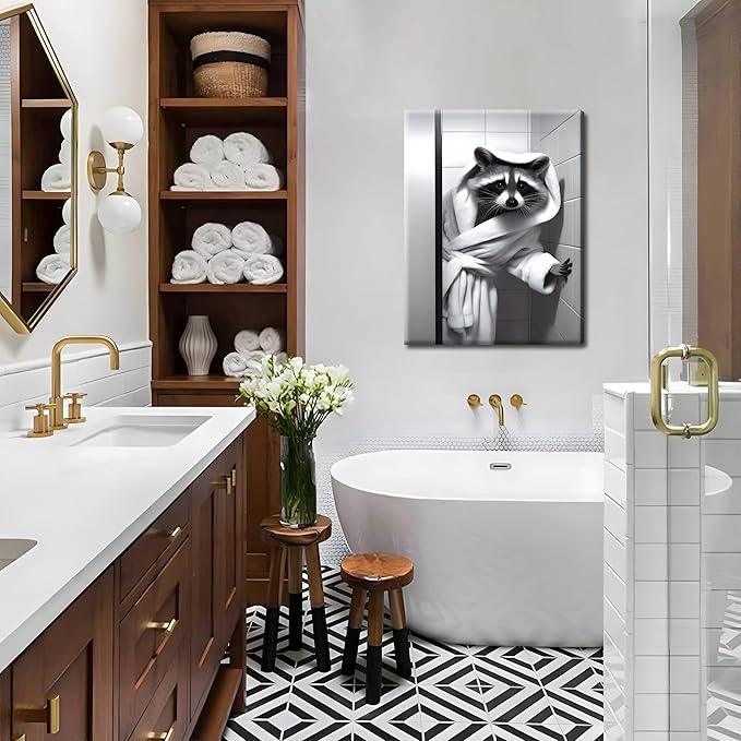 Funny Bathroom Wall Decor, Black and White Raccoon Canvas Wall Art, Humor Animal Decor Raccoon in a bathrobe Picture Prints for Restroom Bathroom 12x16 inch Framed