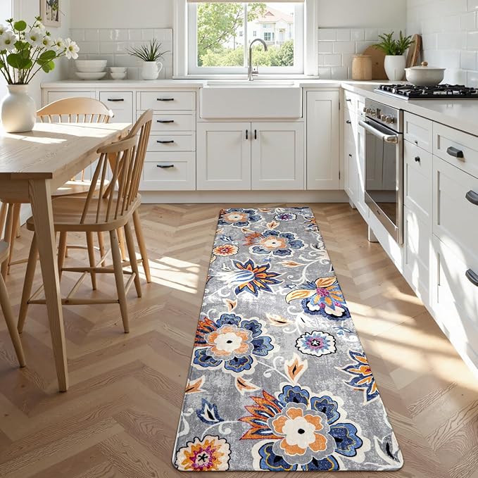 Lahome Floral Hallway Runner - 2x6 Washable Non-Slip Kitchen Runner Rug, Throw Lightweight Soft Bathroom Runner Rug Grey Paisley Print Indoor Carpet Runner for Entrance Bedroom Laundry Living Room