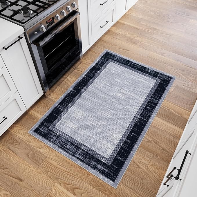 Ottomanson 3'3" x 5' Rugs for Living Room Border Area Rug for Bedroom - Non Slip Durable Large Floor Carpet for High Traffic Areas - Indoor Rug for Dining Room Kitchen Kids Playroom, Gray/Navy