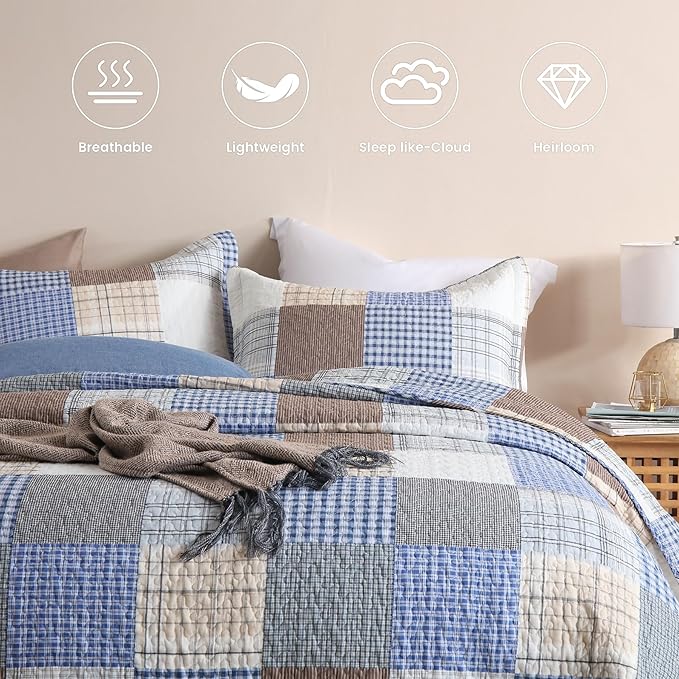 Secgo Queen Comforter Set for Bed - 100% Cotton Quilts Queen Size, Bule, Plaid Bedspreads (90 * 98 Inch) with 2 Pillow Shams, Patchwork Reversible Lightweight Bedding