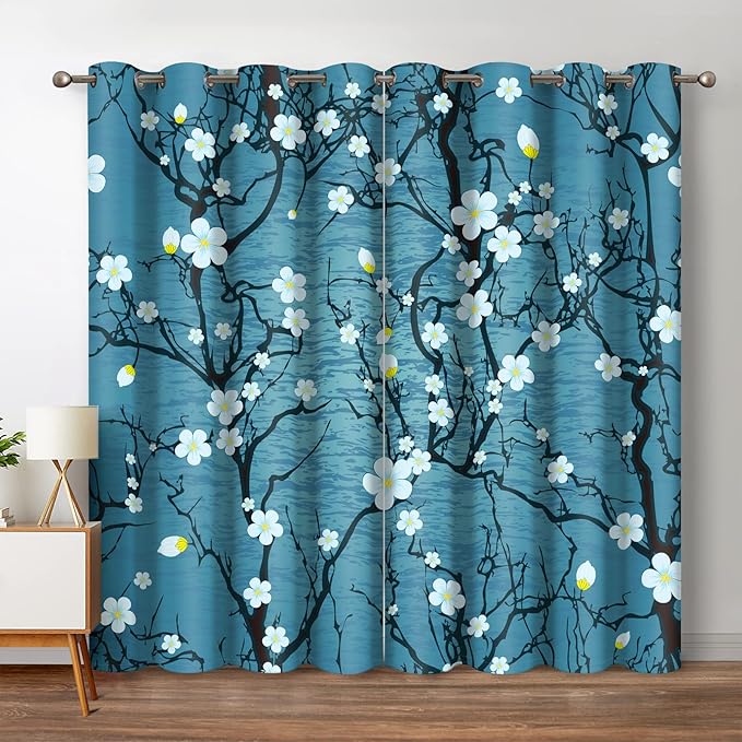 Jekeno Flowers Floral Blackout Curtains Japanese Cherry Blossom Spring Decor Home Bedroom Living Room Blue Darkening Grommet Window Drapes 2 Panel Set, 52"x84"