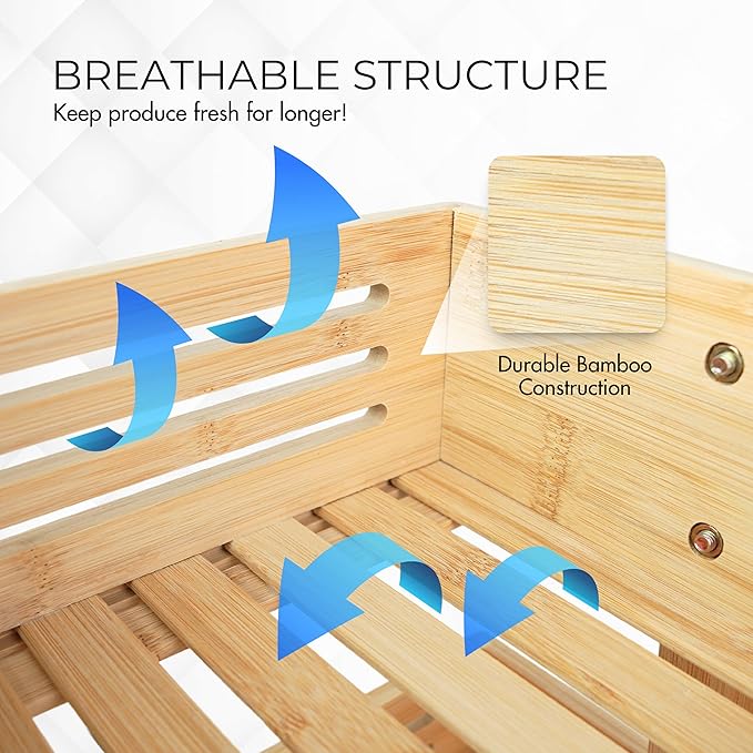 3-Tier Bamboo Fruit Basket – Transforms To 2-Tier | 2 Banana Hooks Included – 14" W x 12.5" L x 19" H – Fruit Holder for Kitchen Countertop - Fruits & Vegetable Storage – Large Capacity Shelf