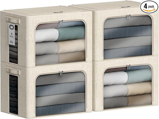 4 Pack Clothes Storage Bins with Metal Frame - 66L Stackable Storage Box with Lid，Foldable Storage Container Organizer for Clothes，Linen Fabric Storage Box with Clear Window＆Zippers＆Handles