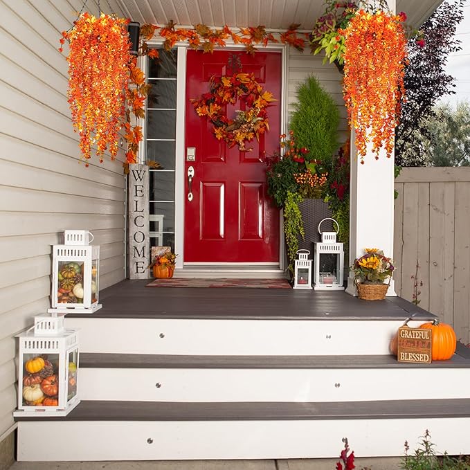 SJL Artificial Hanging Plant Pack of 4 Fall Outdoor Hanging Plants with Lights Artificial Decor Plant Fall Faux Vine Plants Faux Autumn Flowers for Farmhouse Kitchen Party Thanksgiving (Gold)