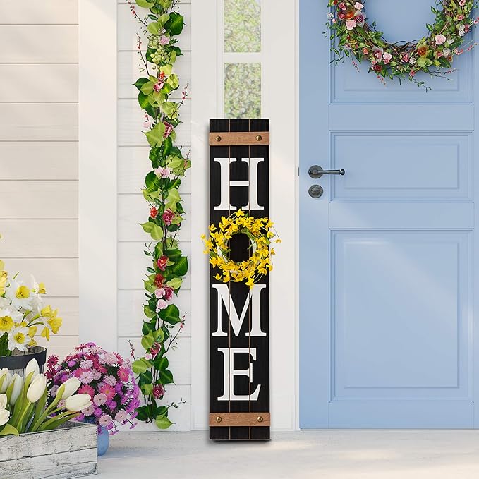 Glitzhome Wooden Welcome Home Porch Sign with Interchangeable Wreaths for Front Door, Vertical Farmhouse Standing Home Sign, Hanging Wall Sign for Year Spring Fall Thanksgiving Christmas, 42”H, Black