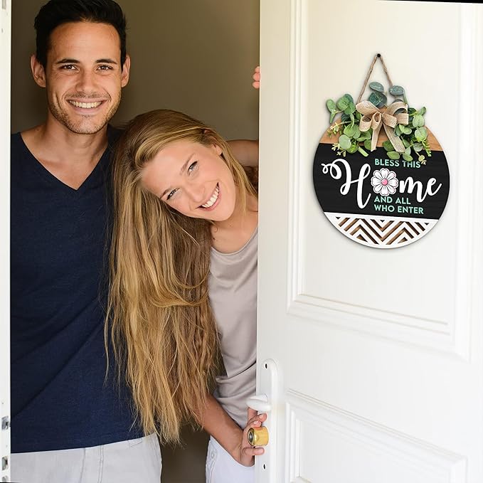 GOSSBY Interchangeable Welcome Sign for Front Door - BLESS THIS HOME - Seasonal Rustic Wood Wreath - Hanging Wall Sign Decoration for Outside, Porch, Farmhouse - New Home, Housewarming Gift