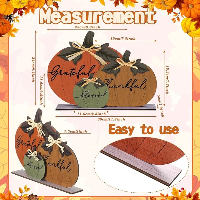 Soaoo Fall Pumpkin Table Decorations Wooden Thankful Blessed Centerpiece Autumn Grateful Tabletop Decor Farmhouse Harvest Pumpkin Block Signs for Party Rustic Table Shelf Decor Home(Classic)