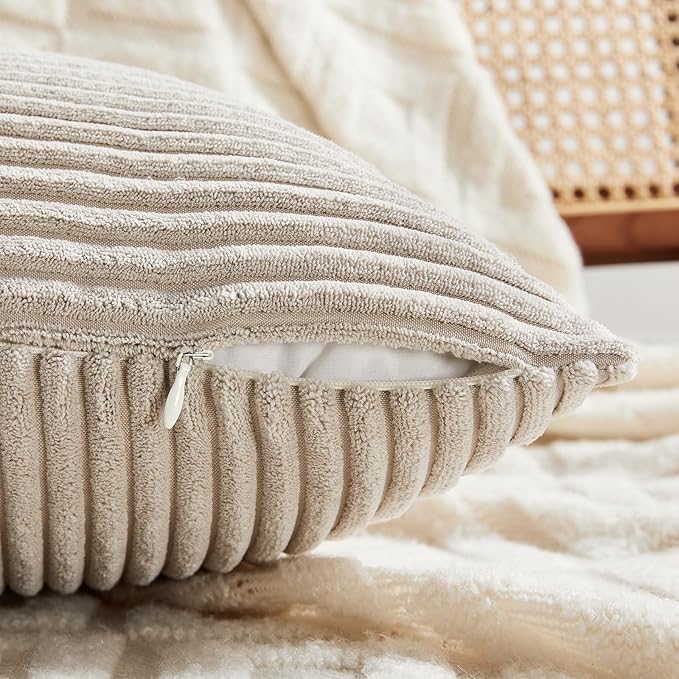 Fancy Homi 4 Packs Neutral Taupe Lumbar Decorative Throw Pillow Covers 12x20 Inch for Living Room Couch Bed Sofa, Farmhouse Home Decor, Soft Striped Corduroy Rectangle Accent Cushion Case 30x50 cm