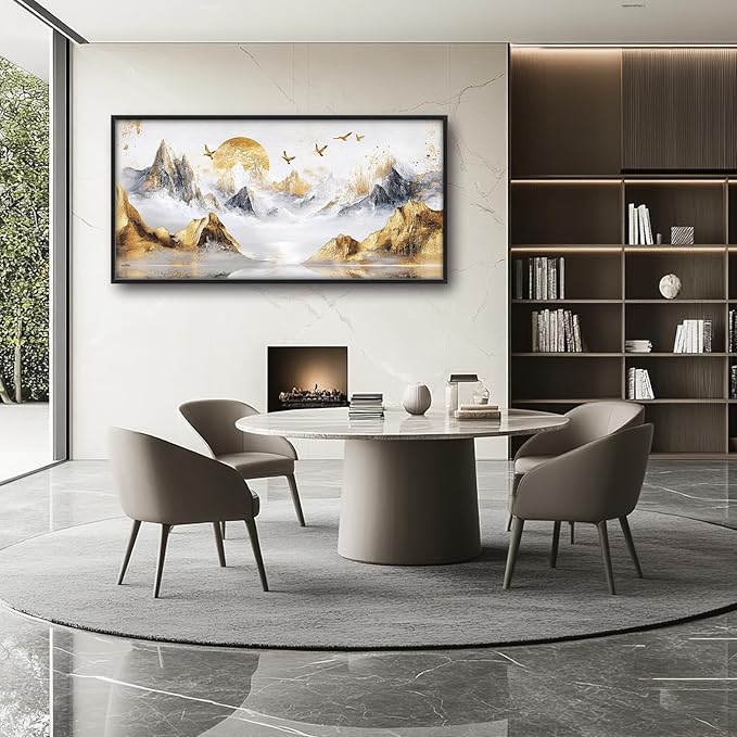 Extra Large Framed Abstract Mountain Wall Art,Golden Silver Sun Bird Wall Decor,Mountain Landscape Pictures for Living Room,Canvas Print Painting Modern Artwork Bedroom Office Bathroom 60L x30W