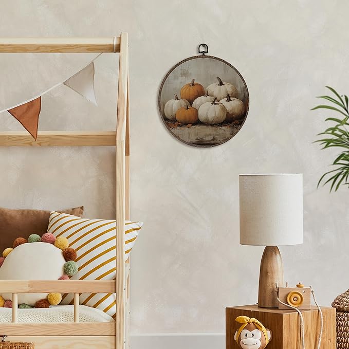 XNXLDYLH Rustic Fall Pumpkin Round Framed Wall Art Decor, Vintage Farmhouse Hanging Wall Decor Decorations, Autumn Fall Canvas Prints Wall Art Pictures Paintings for Bedroom Living Room, 10x10 Inch