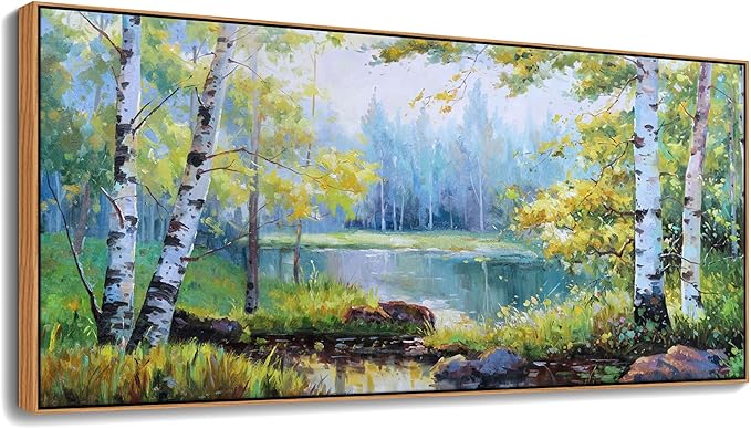 YCPRIMER Extra Large Forest Wall Art Green Trees Picture for Living Room Birch Tree Painting for Living Room Bedroom Decoration Landscape Canvas Wall Decor Framed Artwork Size 70×31inchs
