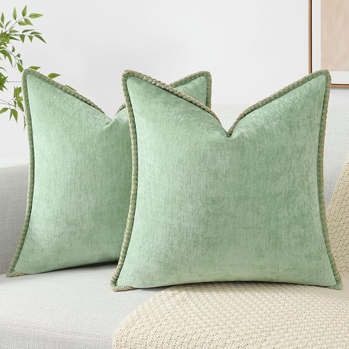 decorUhome Christmas Chenille Soft Throw Pillow Covers 26x26 Set of 2, Farmhouse Velvet Neutral Decorative Euro Pillow Covers with Stitched Edge for Couch Sofa Bed Home Decor, Sage Green