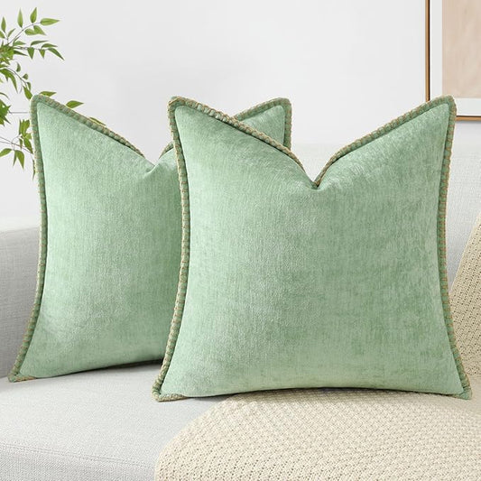 decorUhome Christmas Chenille Soft Throw Pillow Covers 22x22 Set of 2, Farmhouse Velvet Neutral Decorative Euro Pillow Covers with Stitched Edge for Couch Sofa Bed Home Decor, Sage Green