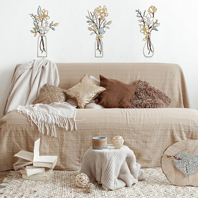 ARTINME 3 Pieces Metal Flowers Wall Arts - Rustic Farmhouse Decor Minimalist Flower Wall Decors for Living room Bathroom Kitchen Bedroom Dining Room - Housewarming Gifts (Beige)