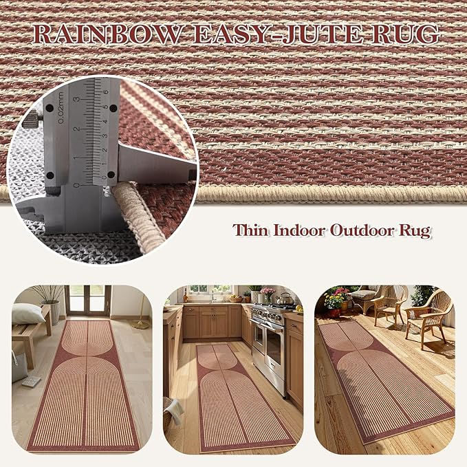Lahome Modern Rainbow Easy Jute Entryway Runner Rug, Washable Indoor Outdoor Carpet Runners for Hallway 8ft, Farmhouse Non Slip Non Shedding Kitchen Mats for Floor Porch Laundry Room