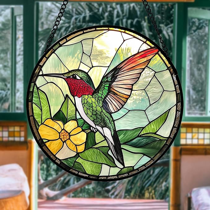 Stained Glass Window Hanging, Green Hummingbird Sun Catcher for Door Home Decor, Birds Suncatcher Christmas Mother's Day Birthday Gifts for Bird Lovers Women Men Mom and Nana 6.3 in