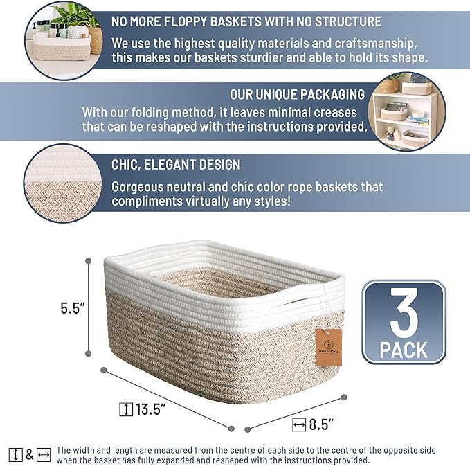 NaturalCozy 13.5”x8.5”x5.5” Storage Baskets for Shelves 3 Pack | Cotton Rope Woven Small Baskets for Organizing | Small Storage Bins for Nursery, Bathroom, Closet, Cube Shelf, Decorative, Gift