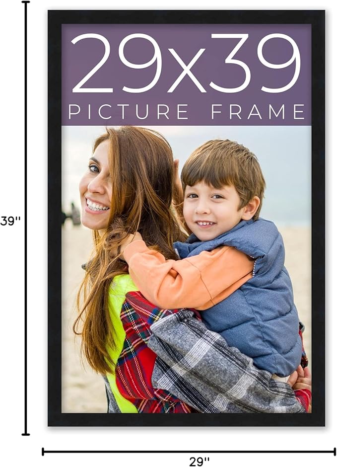 29x39 Frame Black Real Wood Picture Frame Width 0.75 Inches | Interior Frame Depth 0.5 Inches | Noir Classique Mid Century Photo Frame Complete with UV Acrylic, Foam Board Backing & Hanging Hardware