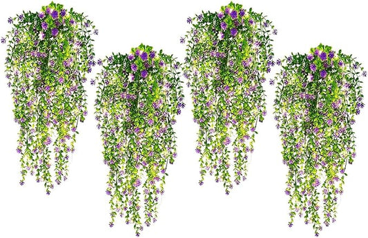 SJL Hanging Greenery 4pcs Realistic Artificial Hanging Plants with Lights Indoor Faux Ivy Plastic Flowers Green Leaves Fake Plants Eucalyptus for Bedroom Party Porch Decor (Purple)
