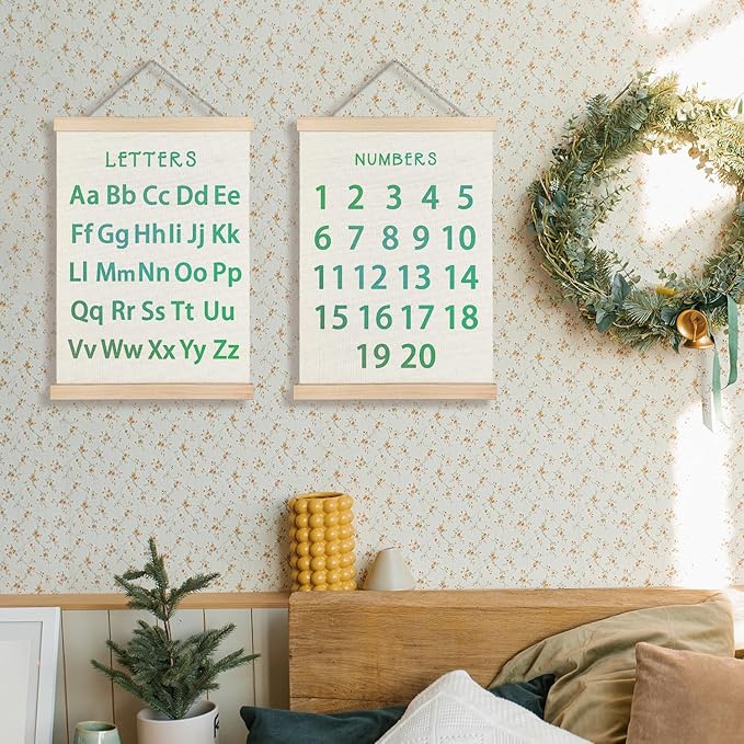 Supwhd Classroom Wall Decor, Numbers and Alphabet Educational Wall Art Poster, Alphabet ABC Numbers from 1 to 20 Poster Wall Decor for Toddler Kids Room Playroom Classroom, 12x16 Set of 2（Green）