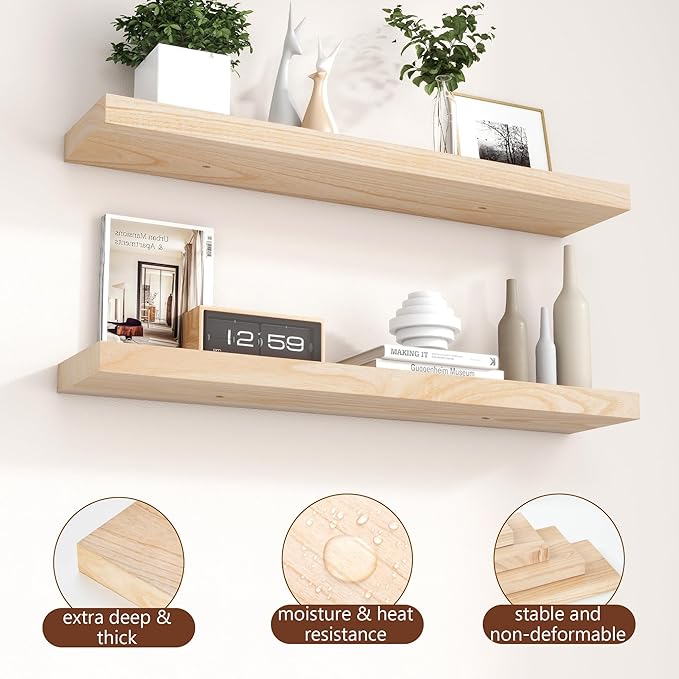 Fuqing Natural Floating Shelves, 36 Inch Set of 2, Raw Wood for Living Room & Home Office