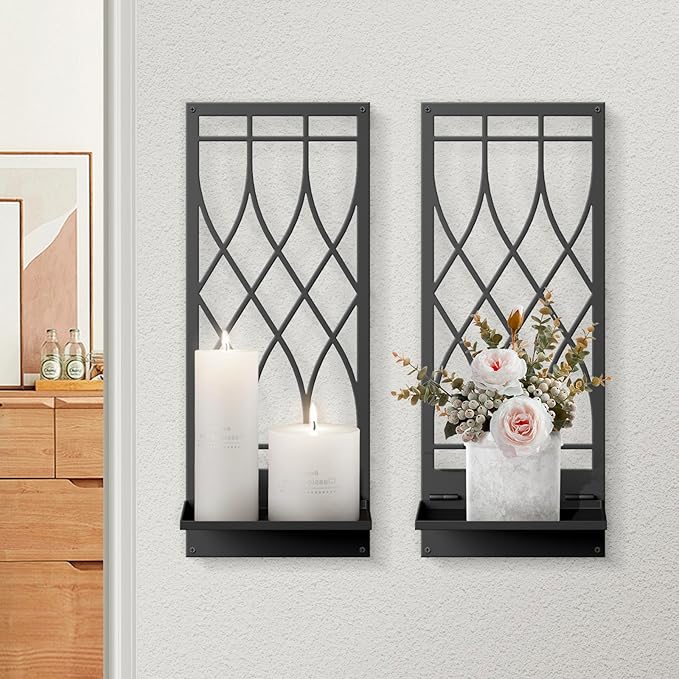 Wall Candle Holder, Black Metal Wall Art, Line Wall Candle Holder for Living Room, Dining Room, Bedroom, Bathroom (2 Pack, 16.5 x 7 in)