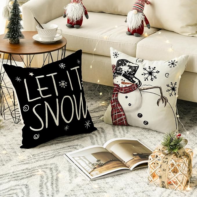 AVOIN colorlife Merry Christmas Snowman Let It Snow Black Throw Pillow Covers, 18 x 18 Inch Xmas Tree Winter Holiday Cushion Case Decoration for Sofa Couch Set of 4