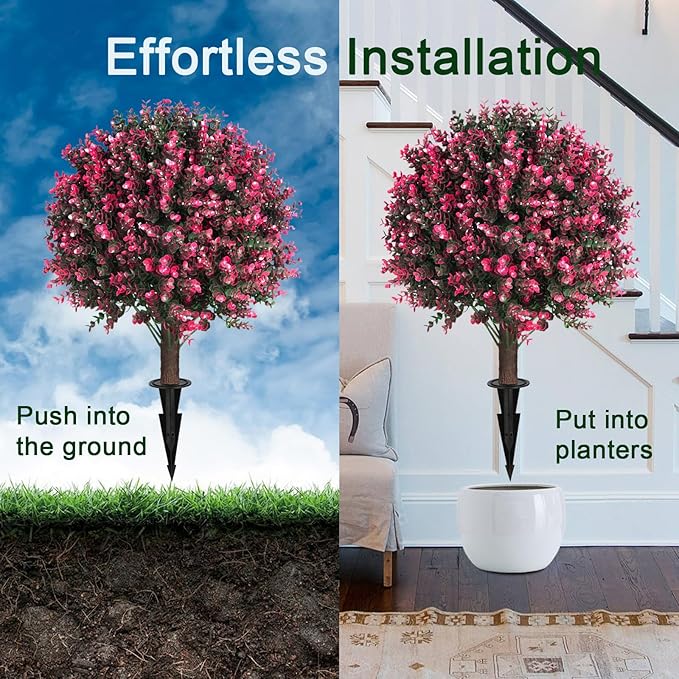 Artificial Rose Boxwood Topiary Ball Bush for Outdoor with Spike, Set of 2 UV Resistant Faux Boxwood Ball Tree with Stake Weatherproof Fake Round Topiary Shrub Plant for Front Porch