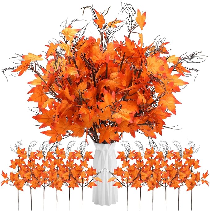 12 Pcs 19.7 Inch Artificial Fall Flowers Burnt Orange Fake Maple Leaf Floral Stems Autumn Floral Picks Thanksgiving Harvest Centerpieces Decorations for Home Indoor Vase Arrangement Decor
