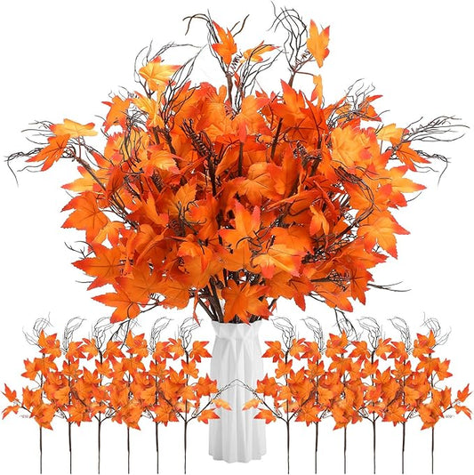 12 Pcs 19.7 Inch Artificial Fall Flowers Burnt Orange Fake Maple Leaf Floral Stems Autumn Floral Picks Thanksgiving Harvest Centerpieces Decorations for Home Indoor Vase Arrangement Decor
