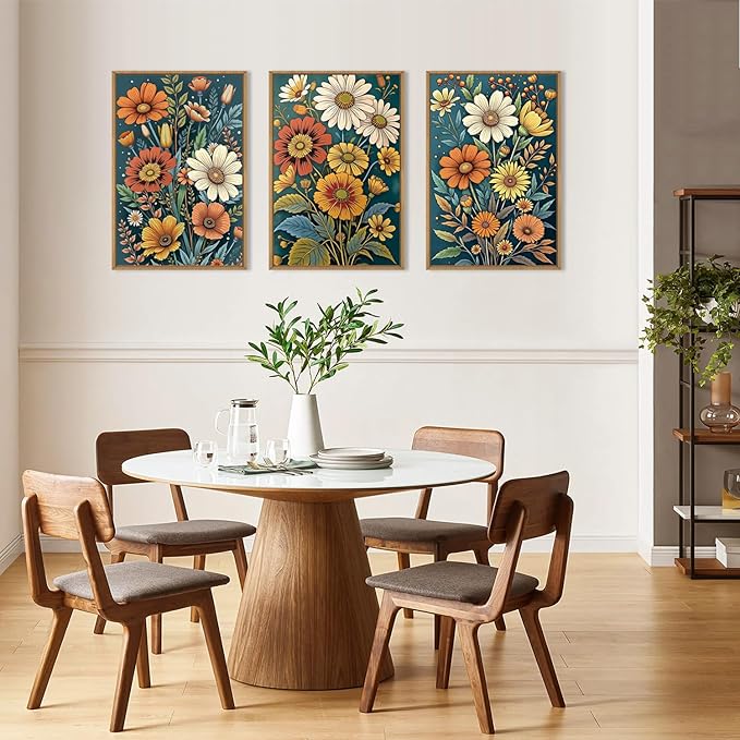 HOURIA Retro Boho Flower Framed Canvas Wall Art Set,Colorful Wilderness Floral with Green Leaves Wall Decor,Nature Botanical Wall Painting,Vintage Bouquet Art Prints for Living Room, Bedroom-16"x24"x3