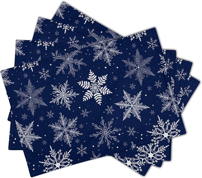Winter Blue Snowflake Placemats 12×18 Inches Set of 4 Holiday Indoor Kitchen Dining Table Place Mats for Home Party Decoration