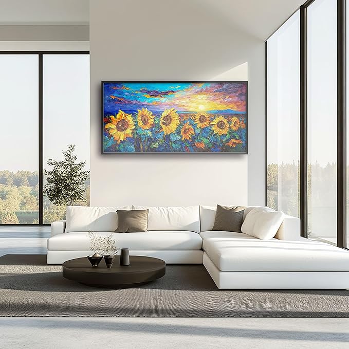 Sunflower Large Wall Art for Living Room Framed, Floral Wall Decor Pictures, Sunflower Field Landscape Canvas Print Painting, Aesthetic Artwork Bedroom Office Home Decor 60"x30"