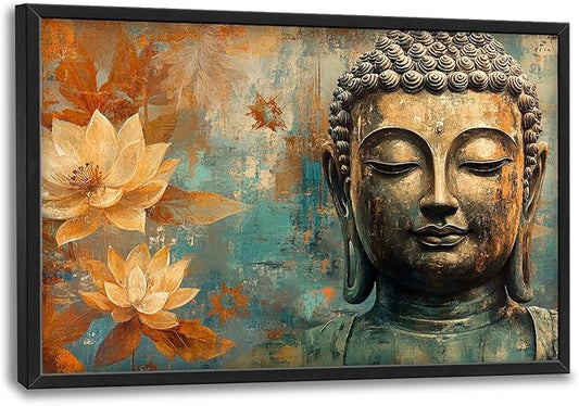 Framed Large Wall Art for Living Room, Golden Buddhist Canvas Wall Decor, Large Lotus Pictures Framed Painting, Zen Meditation Artwork for Bedroom Office Home Decor 36L'' × 24W''