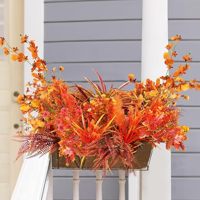 GTIDEA 19 Bundles Outdoors Artificial Fall Flowers Fake Fall Plants for Outdoor Fall Decor UV Resistant Faux Mum Plants Plastic Flowers Bushes for Outside Planter Porch Window Box Patio Home Decor