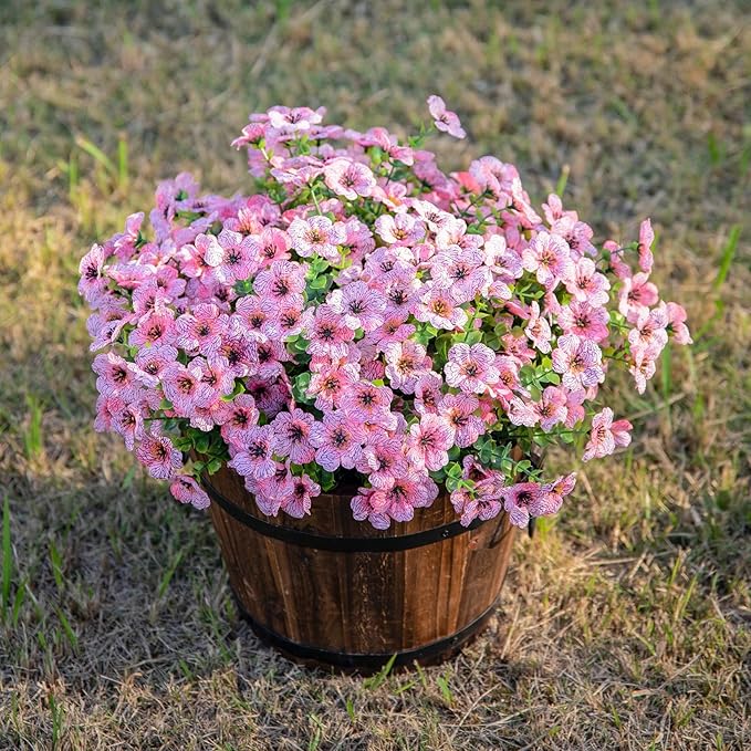 Artificial Flowers for Outdoor Indoor Garden Home Decoration, Faux Flower Daisy with Eucalyptus Leaves Fake Plants Greenery Boxwood Porch Patio, 12 Bundles (Pink)