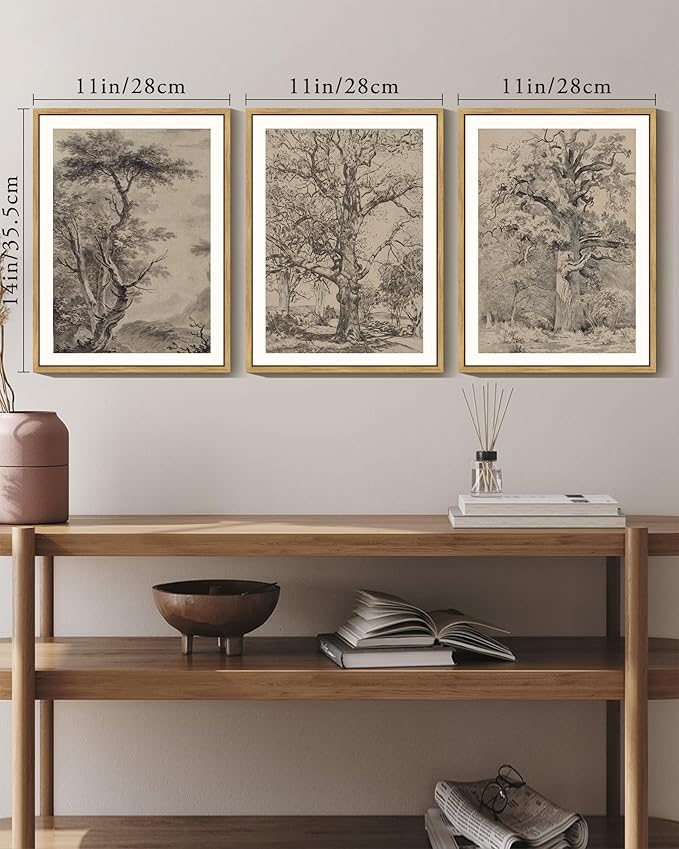 KUVIOKE Boho Vintage Tree Wall Art Framed Neutral Retro Forest Art Prints Antique Rustic Nature Wilderness Paintings Bedroom Hallway Decor 11x14in (Natural Framed)