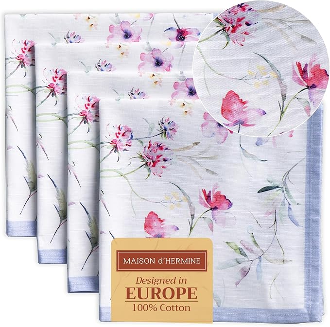 Maison d' Hermine Cloth Napkins Set of 4 100% Cotton Everyday Reusable Square Napkins Cloth Washable, Dinner, Party, Wedding, Restaurant, Spring/Summer (Summer Floral, 20" x 20")