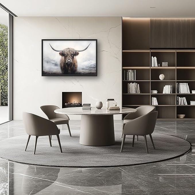 Highland Cow Large Framed Wall Art Rustic Wild Animal Pictures Oversized Wall Decor Foggy Mountain Canvas Print Painting Aesthetic Modern Artwork for Living Room Bedroom Office Bathroom Home Decor 36L"x24W"