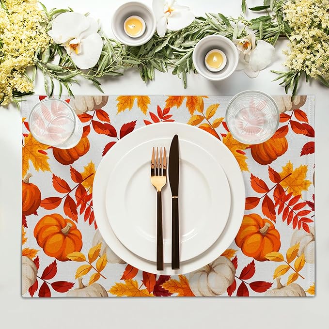 Fall Placemats 12×18 Inches Set of 4 Watercolor Pumpkin Autumn Leaves Indoor Kitchen Dining Table Place Mats for Home Party Decoration